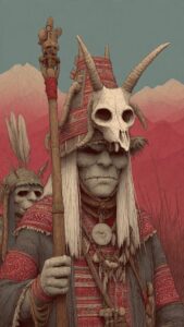 Anciano con sombrero ceremonial y bastón.